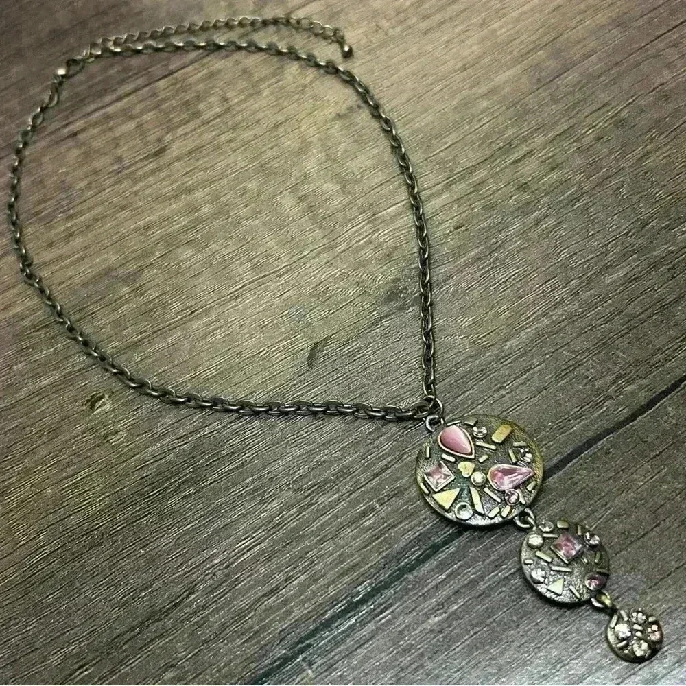 Vintage Three Pendant Pink Crystals Necklace